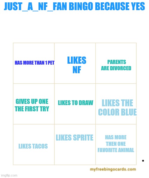 my bingo because yes | JUST_A_NF_FAN BINGO BECAUSE YES; HAS MORE THAN 1 PET; LIKES NF; PARENTS ARE DIVORCED; LIKES TO DRAW; LIKES THE COLOR BLUE; GIVES UP ONE THE FIRST TRY; LIKES SPRITE; HAS MORE THEN ONE FAVORITE ANIMAL; LIKES TACOS | image tagged in funny memes | made w/ Imgflip meme maker