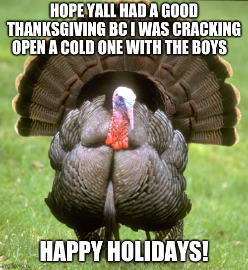 what I did yesterday | HOPE YALL HAD A GOOD THANKSGIVING BC I WAS CRACKING OPEN A COLD ONE WITH THE BOYS; HAPPY HOLIDAYS! | image tagged in memes,turkey,happy holidays,cracking open a cold one with the boys | made w/ Imgflip meme maker