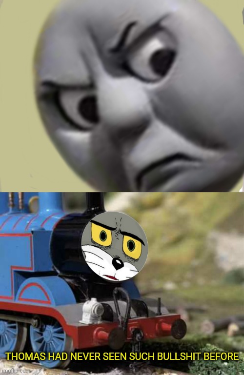 Tom turns tables on Thomas | THOMAS HAD NEVER SEEN SUCH BULLSHIT BEFORE | image tagged in unsettled tom,thomas had never seen such bullshit before,tom,thomas,face swap | made w/ Imgflip meme maker