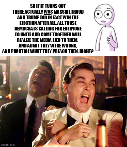 Change my mind . . . | _; SO IF IT TURNS OUT THERE ACTUALLY WAS MASSIVE FRAUD AND TRUMP DID IN FACT WIN THE ELECTION AFTER ALL, ALL THOSE DEMOCRATS CALLING FOR EVERYONE TO UNITE AND COME TOGETHER WILL REALIZE THE MEDIA LIED TO THEM, 
AND ADMIT THEY WERE WRONG, AND PRACTICE WHAT THEY PREACH THEN, RIGHT? | image tagged in memes,good fellas hilarious,election fraud,trump 2020,democrats,joe biden | made w/ Imgflip meme maker