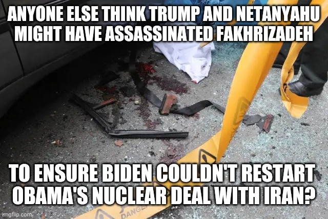 Salting the earth | ANYONE ELSE THINK TRUMP AND NETANYAHU
MIGHT HAVE ASSASSINATED FAKHRIZADEH; TO ENSURE BIDEN COULDN'T RESTART 
OBAMA'S NUCLEAR DEAL WITH IRAN? | made w/ Imgflip meme maker
