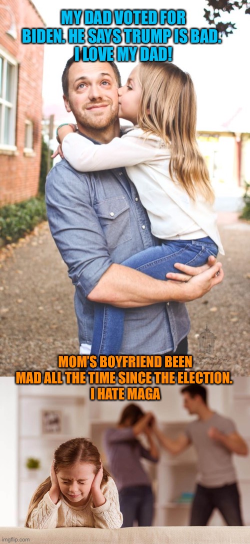 Since MAGA is always so angry, one wonder how home life is doing? | MY DAD VOTED FOR BIDEN. HE SAYS TRUMP IS BAD. 
I LOVE MY DAD! MOM’S BOYFRIEND BEEN MAD ALL THE TIME SINCE THE ELECTION. 
I HATE MAGA | image tagged in donald trump,maga,joe biden,election 2020,voter fraud,losers | made w/ Imgflip meme maker