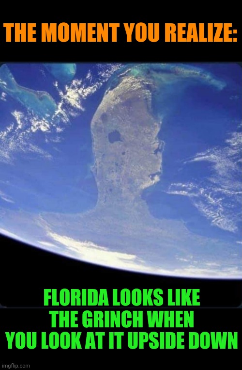 Florida ready to steal Christmas |  THE MOMENT YOU REALIZE:; FLORIDA LOOKS LIKE THE GRINCH WHEN YOU LOOK AT IT UPSIDE DOWN | image tagged in florida,the grinch,funny,christmas memes | made w/ Imgflip meme maker