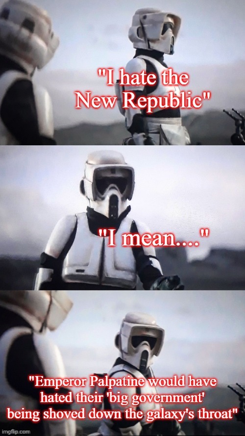 Imperial hypocrisy | image tagged in empire,stormtroopers,the mandalorian,big government,emperor palpatine | made w/ Imgflip meme maker