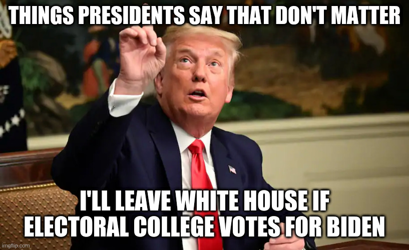 Damn right you will, even if you say you won't | THINGS PRESIDENTS SAY THAT DON'T MATTER; I'LL LEAVE WHITE HOUSE IF ELECTORAL COLLEGE VOTES FOR BIDEN | image tagged in trump,humor,election 2020,white house | made w/ Imgflip meme maker