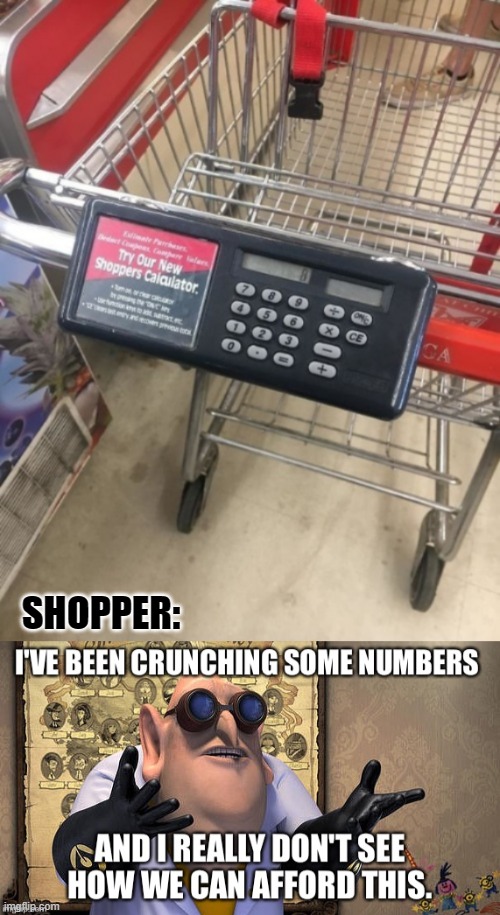 That would be awesome if they would have a calculator on every cart! | SHOPPER: | image tagged in funny,memes,dr nefario | made w/ Imgflip meme maker
