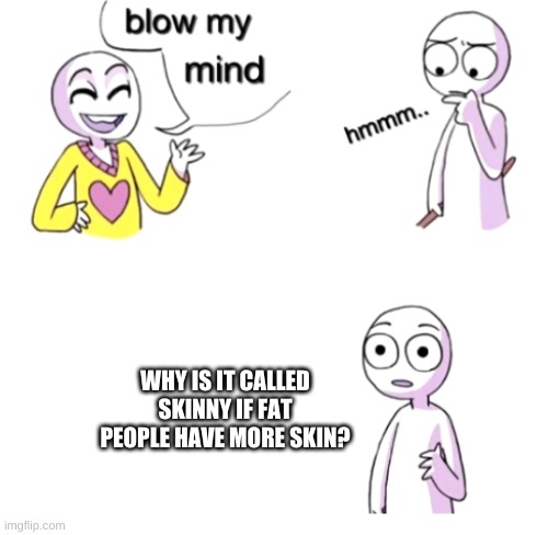 Fett |  WHY IS IT CALLED SKINNY IF FAT PEOPLE HAVE MORE SKIN? | image tagged in blow my mind,fat,skinny,memes | made w/ Imgflip meme maker