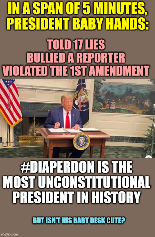 Why does this man have to lie and spread fake news at EVERY opportunity? | IN A SPAN OF 5 MINUTES, PRESIDENT BABY HANDS:; TOLD 17 LIES
BULLIED A REPORTER
VIOLATED THE 1ST AMENDMENT; #DIAPERDON IS THE MOST UNCONSTITUTIONAL PRESIDENT IN HISTORY; BUT ISN'T HIS BABY DESK CUTE? | image tagged in fake president,election fraud donnie,diaperdon,president baby hands | made w/ Imgflip meme maker