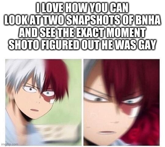 This is when shoto discovered something called Midoriya... And this is not intended to be offensive :] | I LOVE HOW YOU CAN LOOK AT TWO SNAPSHOTS OF BNHA AND SEE THE EXACT MOMENT SHOTO FIGURED OUT HE WAS GAY | image tagged in todoroki,my hero academia | made w/ Imgflip meme maker
