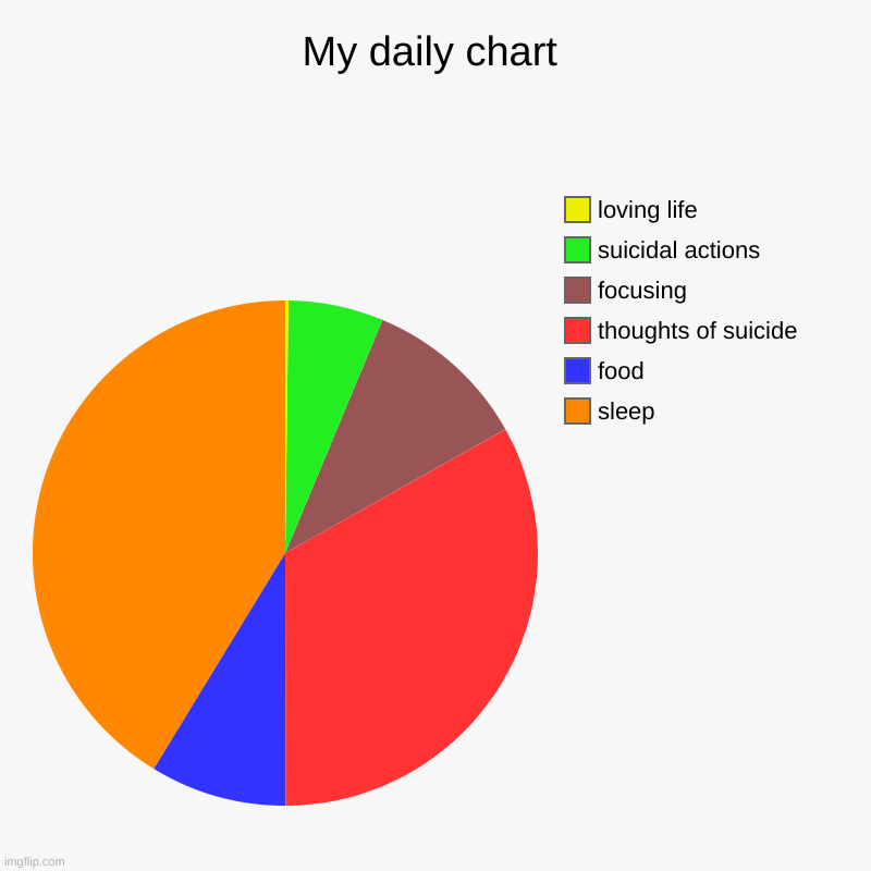 MEEEEEE | My daily chart | sleep, food, thoughts of suicide, focusing, suicidal actions, loving life | image tagged in charts,pie charts | made w/ Imgflip chart maker