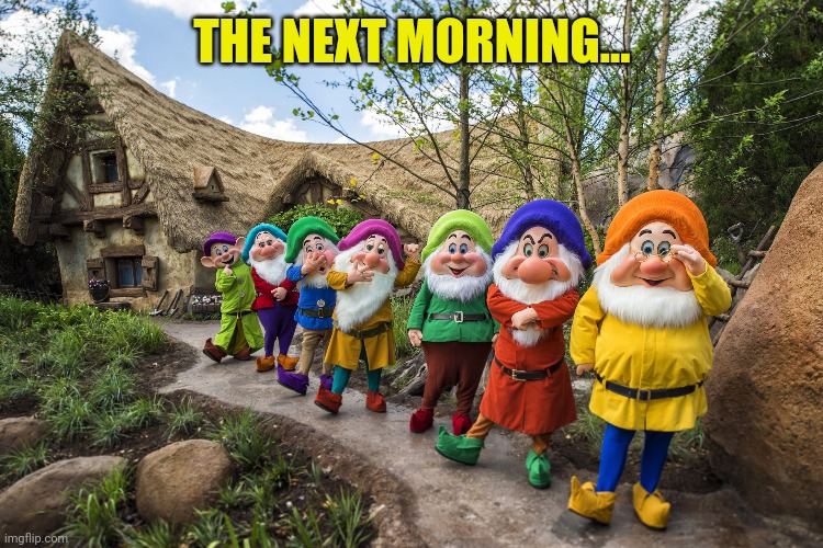 Seven Dwarves | THE NEXT MORNING... | image tagged in seven dwarves | made w/ Imgflip meme maker