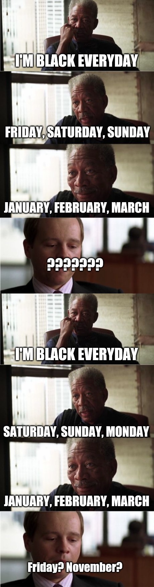 I'm black every day, every month | ??????? | image tagged in morgan freeman,black lives matter | made w/ Imgflip meme maker