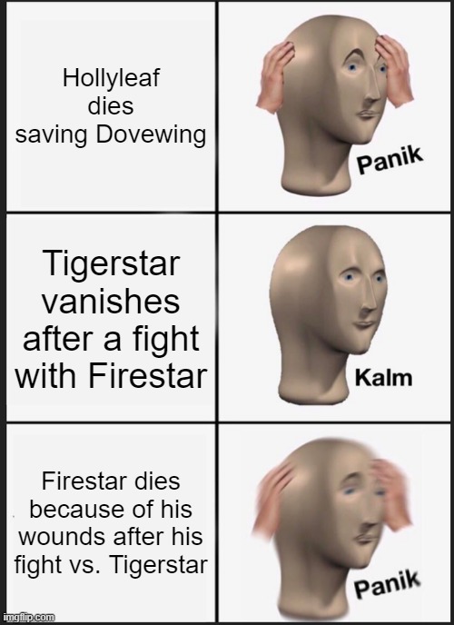 Seriously, I was devastated by Hollyleaf and Firestar's deaths | Hollyleaf dies saving Dovewing; Tigerstar vanishes after a fight with Firestar; Firestar dies because of his wounds after his fight vs. Tigerstar | image tagged in memes,panik kalm panik | made w/ Imgflip meme maker