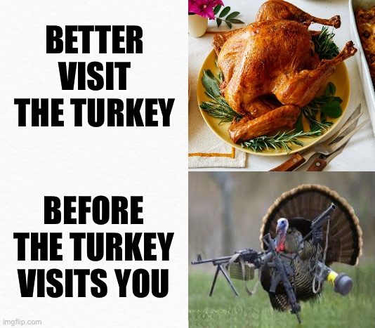 Happy Thanksgiving! | BETTER VISIT THE TURKEY; BEFORE THE TURKEY VISITS YOU | image tagged in turkey,memes | made w/ Imgflip meme maker