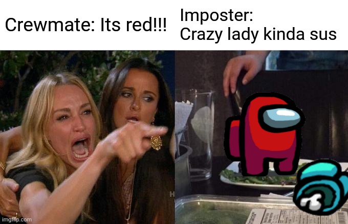 Woman Yelling At Cat | Crewmate: Its red!!! Imposter: Crazy lady kinda sus | image tagged in memes,woman yelling at cat | made w/ Imgflip meme maker