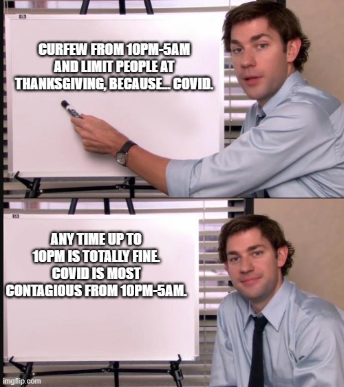 COVID Curfew | CURFEW FROM 10PM-5AM AND LIMIT PEOPLE AT THANKSGIVING, BECAUSE... COVID. ANY TIME UP TO 10PM IS TOTALLY FINE. COVID IS MOST CONTAGIOUS FROM 10PM-5AM. | image tagged in jim whiteboard meme | made w/ Imgflip meme maker