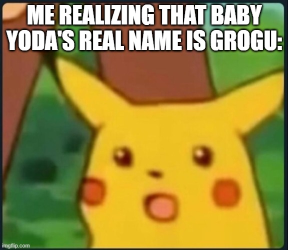 Why Grogu? Really tho | ME REALIZING THAT BABY YODA'S REAL NAME IS GROGU: | image tagged in memes,surprised pikachu | made w/ Imgflip meme maker