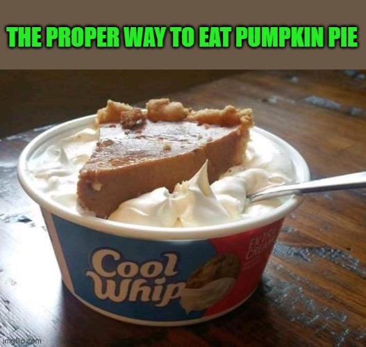 how to eat pumpkin pie | THE PROPER WAY TO EAT PUMPKIN PIE | image tagged in pumpkin pie,coolwhip | made w/ Imgflip meme maker