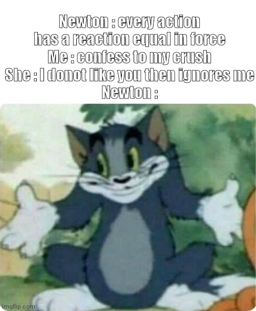Those bastards lied to me | Newton : every action has a reaction equal in force
Me : confess to my crush
She : I donot like you then ignores me
Newton : | image tagged in tom shrugging | made w/ Imgflip meme maker