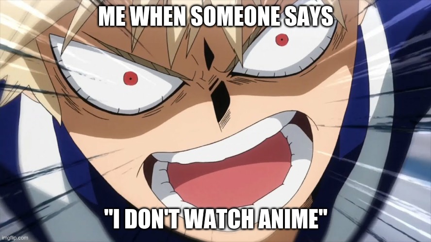 Bakugo Screaming | ME WHEN SOMEONE SAYS; "I DON'T WATCH ANIME" | image tagged in bakugo screaming | made w/ Imgflip meme maker