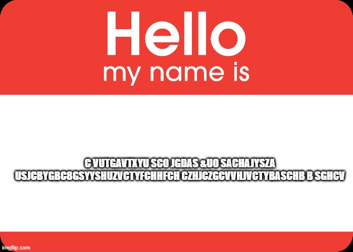 i have no idea and what did i did missed? | C VUTGAVTXYU SCO JGDAS &UO SACHAJYSZA USJCBYGBC8GSYYSHUZVCTYFCHHFCH CZHJCZGCVVHJVCTYBASCHB B SGHCV | image tagged in hello my name is | made w/ Imgflip meme maker