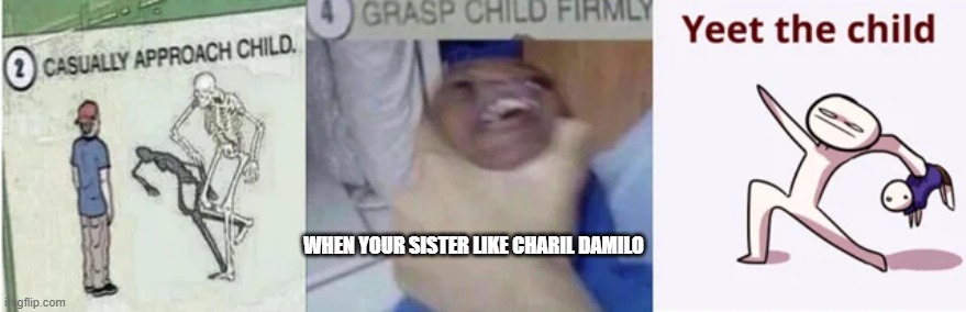 helpful glide | WHEN YOUR SISTER LIKE CHARIL DAMILO | image tagged in casually approach child grasp child firmly yeet the child | made w/ Imgflip meme maker