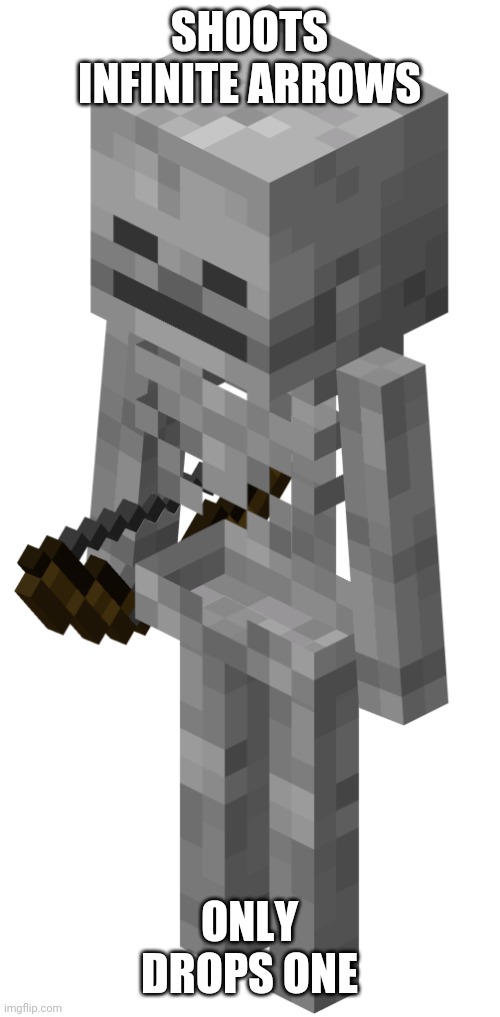 Skeleton with a bow | SHOOTS INFINITE ARROWS; ONLY DROPS ONE | image tagged in skeleton with a bow,minecraft,minecraft logic | made w/ Imgflip meme maker