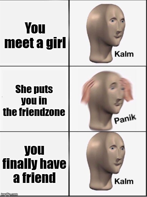 Reverse kalm panik | You meet a girl; She puts you in the friendzone; you finally have a friend | image tagged in reverse kalm panik | made w/ Imgflip meme maker