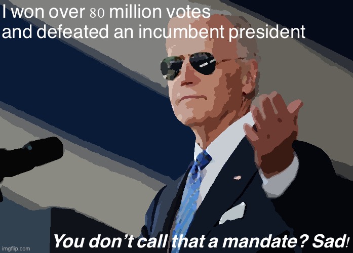 80+ million and counting with 98% of precincts nationwide reporting. | I won over 80 million votes and defeated an incumbent president; You don’t call that a mandate? Sad! | image tagged in cool joe biden,joe biden,election 2020,2020 elections,popular vote,biden | made w/ Imgflip meme maker