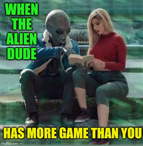 Smooth Alien | WHEN THE ALIEN DUDE; HAS MORE GAME THAN YOU | image tagged in alien,chick,magnet | made w/ Imgflip meme maker