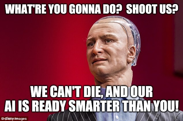 Han AI robot | WHAT'RE YOU GONNA DO?  SHOOT US? WE CAN'T DIE, AND OUR AI IS READY SMARTER THAN YOU! | image tagged in han ai robot | made w/ Imgflip meme maker