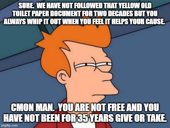 Futurama Fry Meme | SURE.  WE HAVE NOT FOLLOWED THAT YELLOW OLD TOILET PAPER DOCUMENT FOR TWO DECADES BUT YOU ALWAYS WHIP IT OUT WHEN YOU FEEL IT HELPS YOUR CAU | image tagged in memes,futurama fry | made w/ Imgflip meme maker