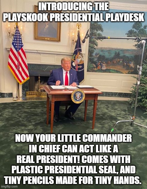 INTRODUCING THE PLAYSKOOK PRESIDENTIAL PLAYDESK; NOW YOUR LITTLE COMMANDER IN CHIEF CAN ACT LIKE A REAL PRESIDENT! COMES WITH PLASTIC PRESIDENTIAL SEAL, AND TINY PENCILS MADE FOR TINY HANDS. | made w/ Imgflip meme maker