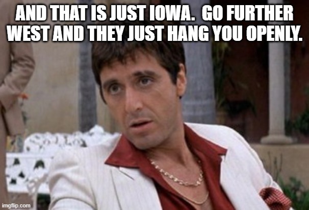Tony Montana | AND THAT IS JUST IOWA.  GO FURTHER WEST AND THEY JUST HANG YOU OPENLY. | image tagged in tony montana | made w/ Imgflip meme maker
