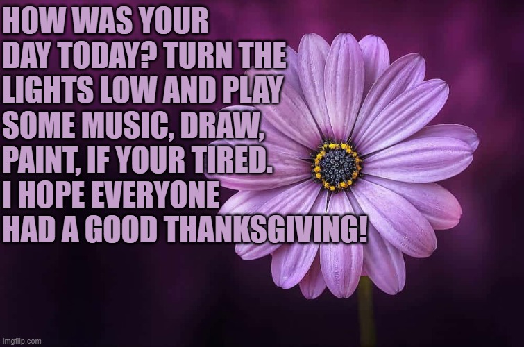 relax... | HOW WAS YOUR DAY TODAY? TURN THE LIGHTS LOW AND PLAY SOME MUSIC, DRAW, PAINT, IF YOUR TIRED. I HOPE EVERYONE HAD A GOOD THANKSGIVING! | image tagged in flowers,relax,love yourself | made w/ Imgflip meme maker