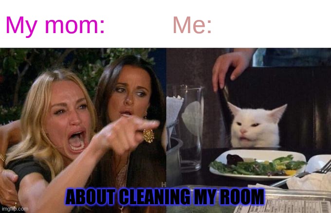 Woman Yelling At Cat Meme | My mom:; Me:; ABOUT CLEANING MY ROOM | image tagged in memes,woman yelling at cat | made w/ Imgflip meme maker
