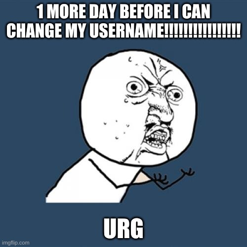 Y U No Meme | 1 MORE DAY BEFORE I CAN CHANGE MY USERNAME!!!!!!!!!!!!!!!! URG | image tagged in memes,y u no | made w/ Imgflip meme maker