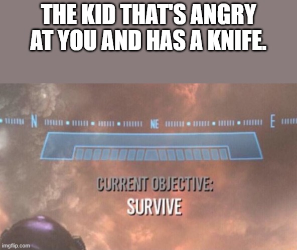 Current Objective: Survive | THE KID THAT'S ANGRY AT YOU AND HAS A KNIFE. | image tagged in current objective survive | made w/ Imgflip meme maker