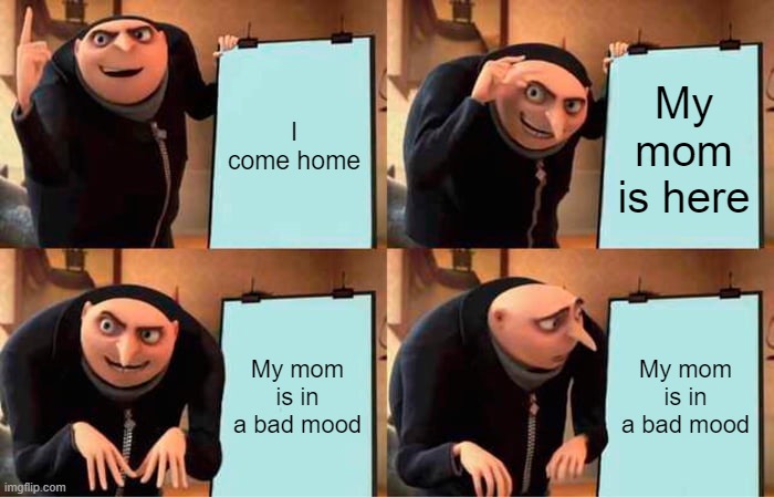Gru's Plan Meme | I come home; My mom is here; My mom is in a bad mood; My mom is in a bad mood | image tagged in memes,gru's plan,mom | made w/ Imgflip meme maker