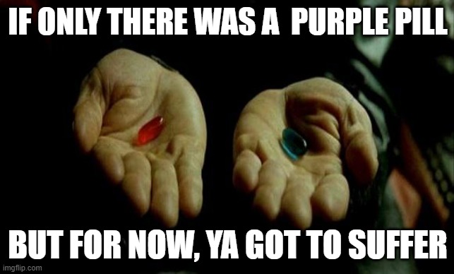 Purple Pill | IF ONLY THERE WAS A  PURPLE PILL; BUT FOR NOW, YA GOT TO SUFFER | image tagged in matrix pills | made w/ Imgflip meme maker
