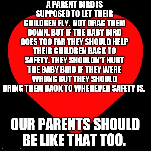 A halfwhitmemes quote | A PARENT BIRD IS SUPPOSED TO LET THEIR CHILDREN FLY.  NOT DRAG THEM DOWN. BUT IF THE BABY BIRD GOES TOO FAR THEY SHOULD HELP THEIR CHILDREN BACK TO SAFETY. THEY SHOULDN'T HURT THE BABY BIRD IF THEY WERE WRONG BUT THEY SHOULD BRING THEM BACK TO WHEREVER SAFETY IS. OUR PARENTS SHOULD BE LIKE THAT TOO. | image tagged in heart | made w/ Imgflip meme maker