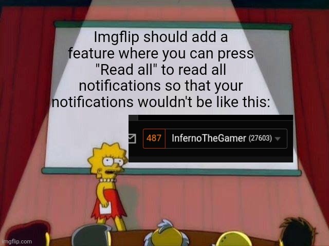 c'mon imgflip, please? | Imgflip should add a feature where you can press "Read all" to read all notifications so that your notifications wouldn't be like this: | image tagged in lisa simpson's presentation,memes,imgflip | made w/ Imgflip meme maker