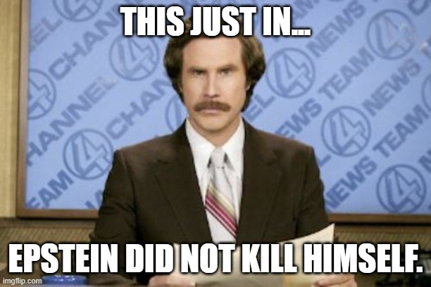 Ron Burgundy | THIS JUST IN... EPSTEIN DID NOT KILL HIMSELF. | image tagged in memes,ron burgundy | made w/ Imgflip meme maker