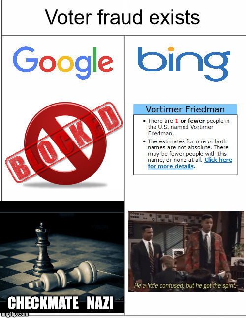 I guess that ends that argument | Voter fraud exists | image tagged in google vs bing censorship,misunderstanding,google,bing,censorship | made w/ Imgflip meme maker