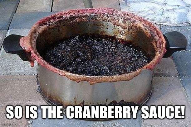 Burned food | SO IS THE CRANBERRY SAUCE! | image tagged in burned food | made w/ Imgflip meme maker