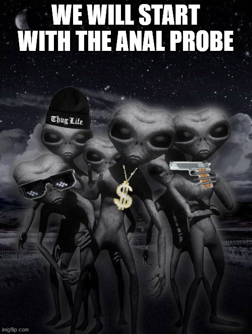 thug alien | WE WILL START WITH THE ANAL PROBE | image tagged in alien week aliens memes | made w/ Imgflip meme maker