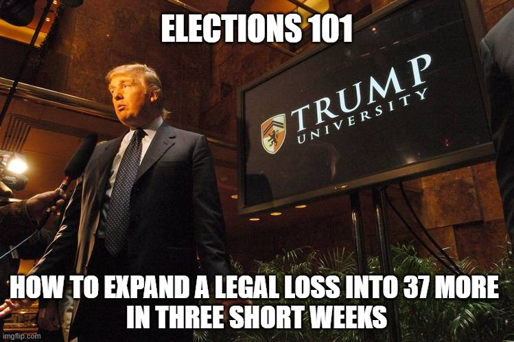 Trump University's most popular course to date | ELECTIONS 101; HOW TO EXPAND A LEGAL LOSS INTO 37 MORE 
IN THREE SHORT WEEKS | image tagged in donald trump,election 2020,election fraud,loser,frankenstein's monster | made w/ Imgflip meme maker