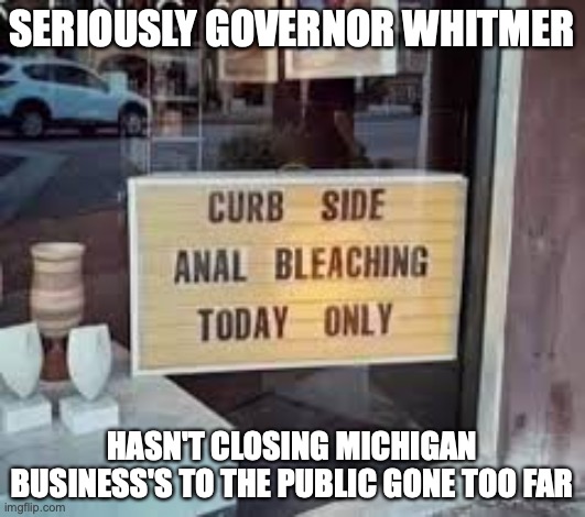Way Too Far | SERIOUSLY GOVERNOR WHITMER; HASN'T CLOSING MICHIGAN BUSINESS'S TO THE PUBLIC GONE TOO FAR | image tagged in coronavirus,governor whitmer,funny | made w/ Imgflip meme maker