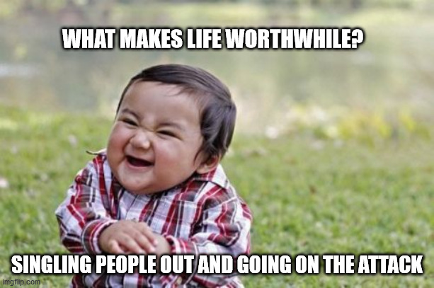 Evil Toddler | WHAT MAKES LIFE WORTHWHILE? SINGLING PEOPLE OUT AND GOING ON THE ATTACK | image tagged in memes,evil toddler | made w/ Imgflip meme maker