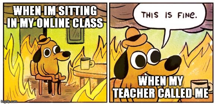 True | WHEN IM SITTING IN MY ONLINE CLASS; WHEN MY TEACHER CALLED ME | image tagged in memes,this is fine | made w/ Imgflip meme maker